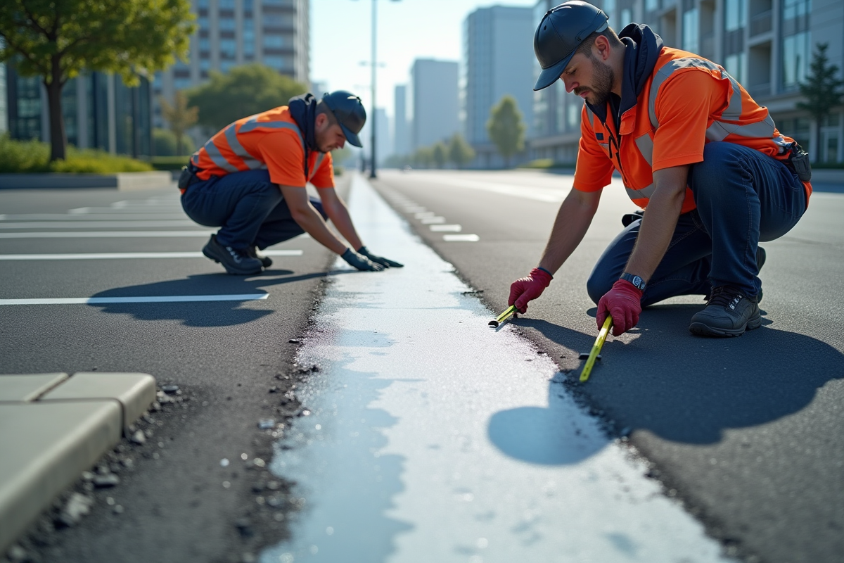 Ouvriers peignant de nouvelles lignes de stationnement en plein jour