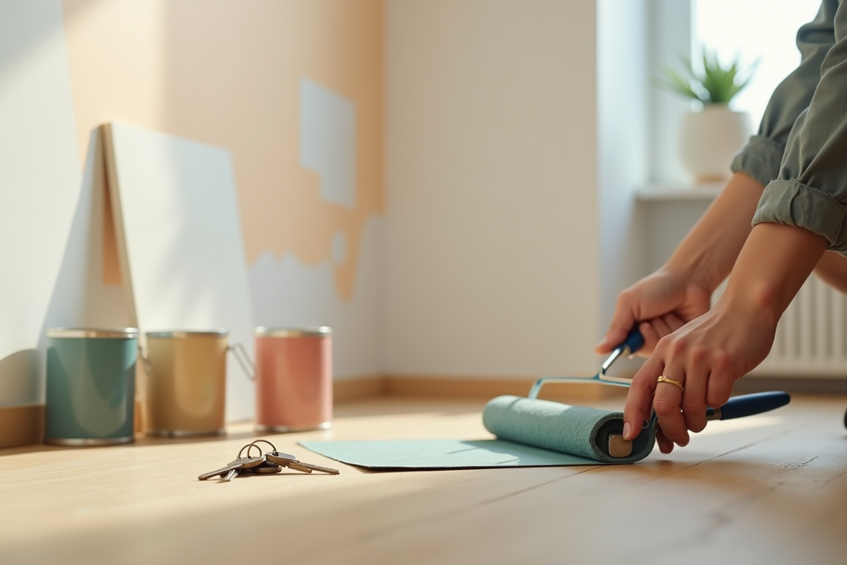 Mains peignant un mur avec des clés et peinture au sol