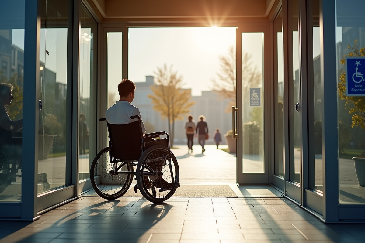 Utilisateur en fauteuil entrant dans un bâtiment accessible
