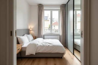 Petite chambre bien optimisée dans un appartement parisien avec lit double, parquet clair et rangements compacts