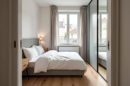 Petite chambre bien optimis&eacute;e dans un appartement parisien avec lit double, parquet clair et rangements compacts