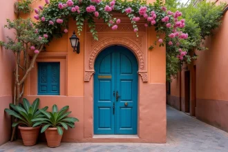 Petite villa marocaine traditionnelle à vendre à Marrakech avec façade en terre cuite et porte en bois sculpté dans la médina