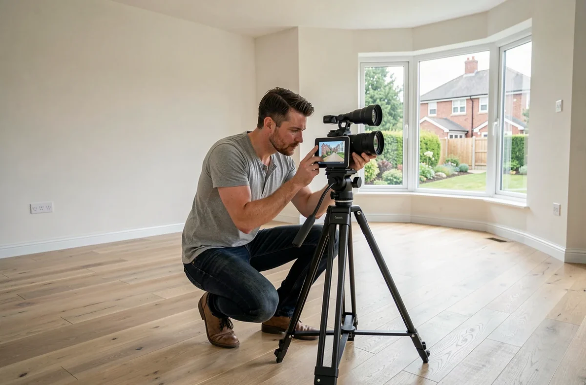 Photographe professionnel réalisant une visite virtuelle 360 degrés dans un appartement vide