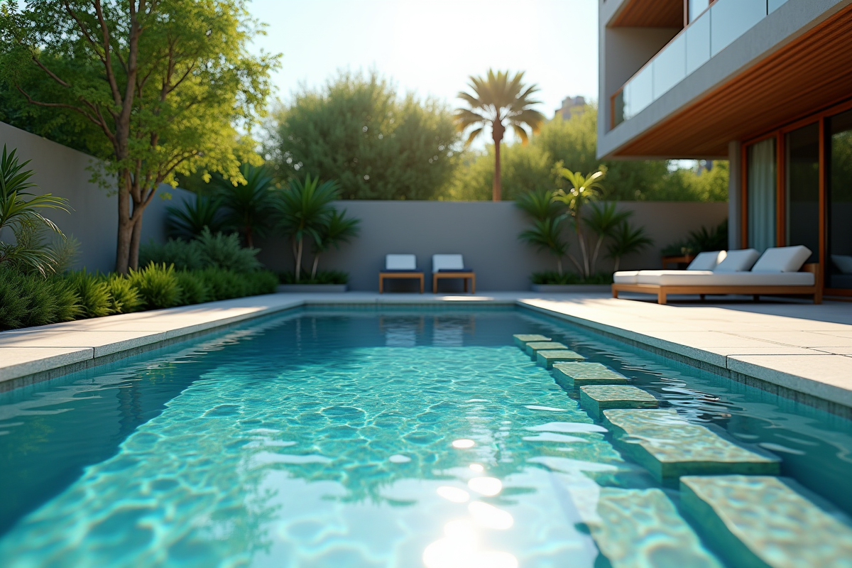 Piscine extérieure moderne avec eau cristalline et végétation