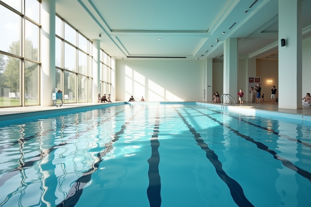 Piscine intérieure publique lumineuse avec baigneurs et architecture minimaliste