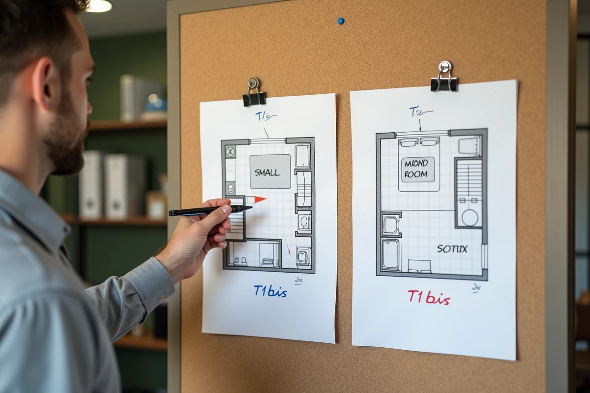 Plans de deux appartements T1 et T1bis côte à côte dans une agence immobilière montrant la différence de séparation des pièces