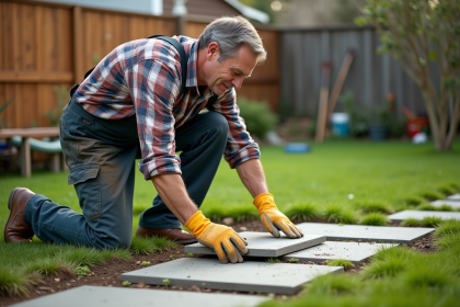 Homme posant une dalle en jardin avec outils et clôture
