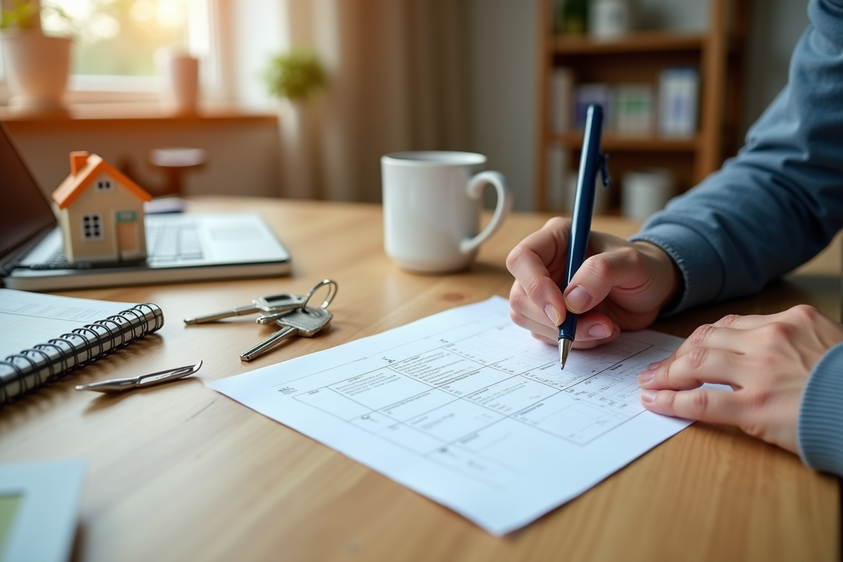 Mains remplissant des papiers importants avec des clés et un mug