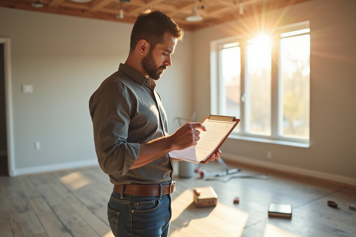 Professionnel examinant des papiers et calculatrice lors d'une rénovation maison