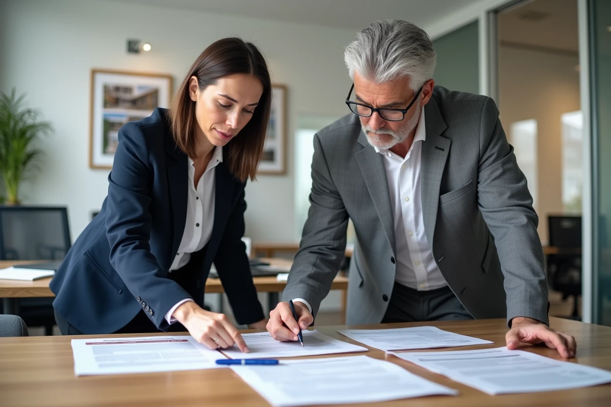 Professionnels de l'immobilier commercial examinant les documents de diagnostics obligatoires avant la signature d'un bail commercial