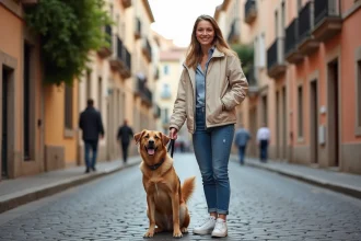 Jeune femme avec chien dans le quartier des Carmes à Toulouse