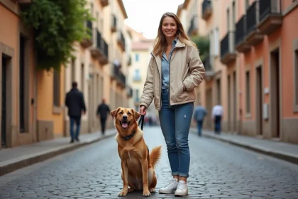 Jeune femme avec chien dans le quartier des Carmes &agrave; Toulouse