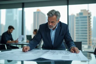 Architecte examinant des plans de développement immobilier dans un bureau moderne avec vue sur des tours résidentielles en construction, illustrant le secteur des promoteurs immobiliers comme Icade
