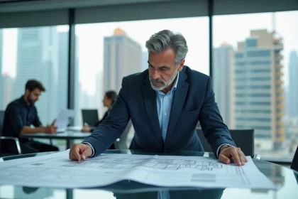 Architecte examinant des plans de développement immobilier dans un bureau moderne avec vue sur des tours résidentielles en construction, illustrant le secteur des promoteurs immobiliers comme Icade