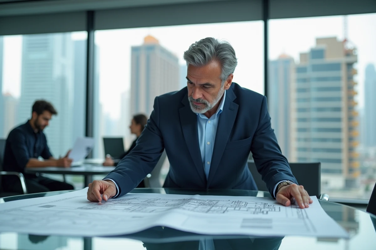 Architecte examinant des plans de développement immobilier dans un bureau moderne avec vue sur des tours résidentielles en construction, illustrant le secteur des promoteurs immobiliers comme Icade