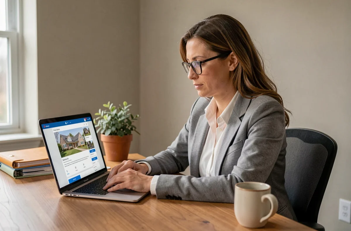 Femme propriétaire consultant la plateforme SeLoger sur son ordinateur portable pour gérer une location immobilière