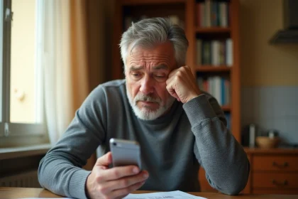 Propriétaire inquiet consultant ses documents de location et son téléphone à la table de sa cuisine en attendant le versement de son loyer par l'agence immobilière
