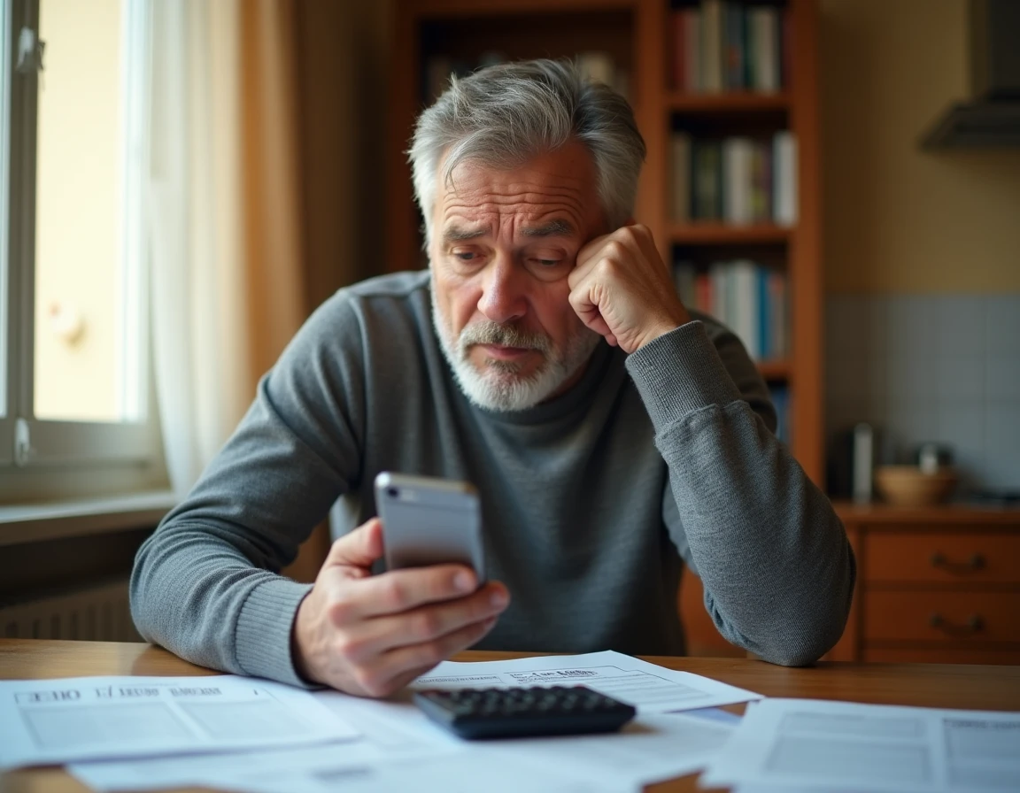 Propriétaire inquiet consultant ses documents de location et son téléphone à la table de sa cuisine en attendant le versement de son loyer par l'agence immobilière