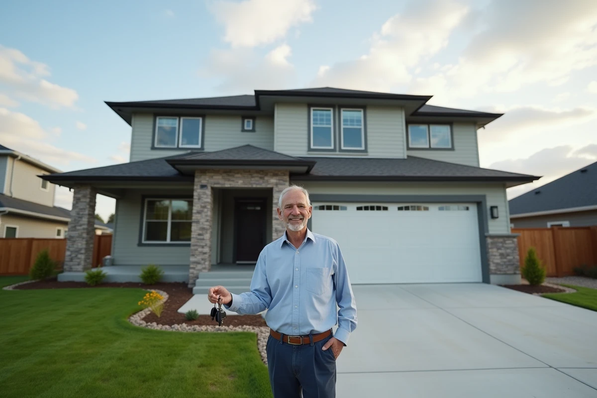 Propriétaire souriant devant sa nouvelle maison construite par un constructeur professionnel, symbolisant la satisfaction après un projet de construction réussi