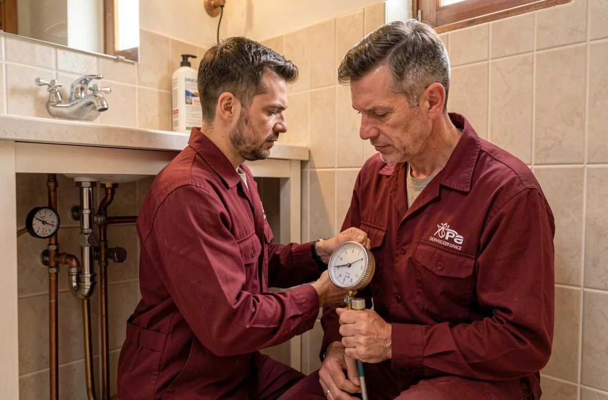 Technicien de Pruvot Travaux Services vérifiant la pression des canalisations dans la salle de bain d'une maison de style provençal