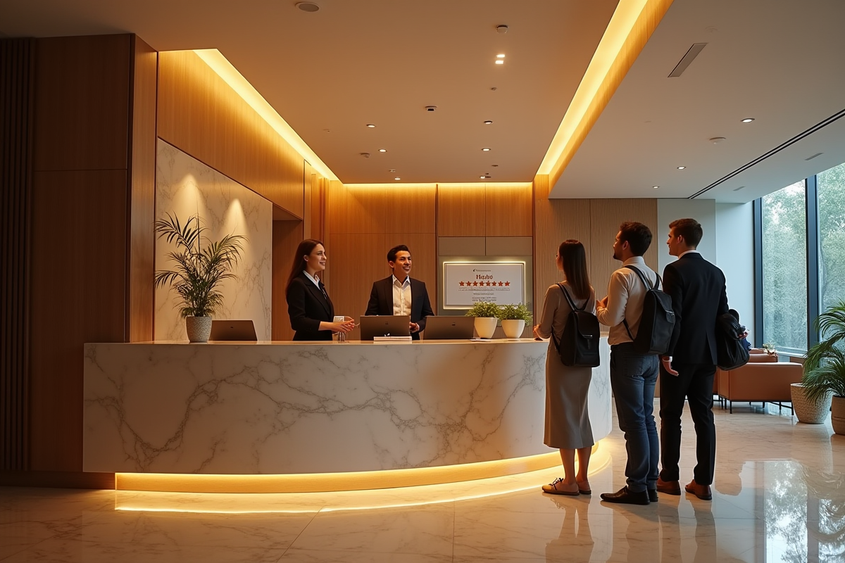 Réception d'hôtel accueillante avec personnel professionnel et étoiles