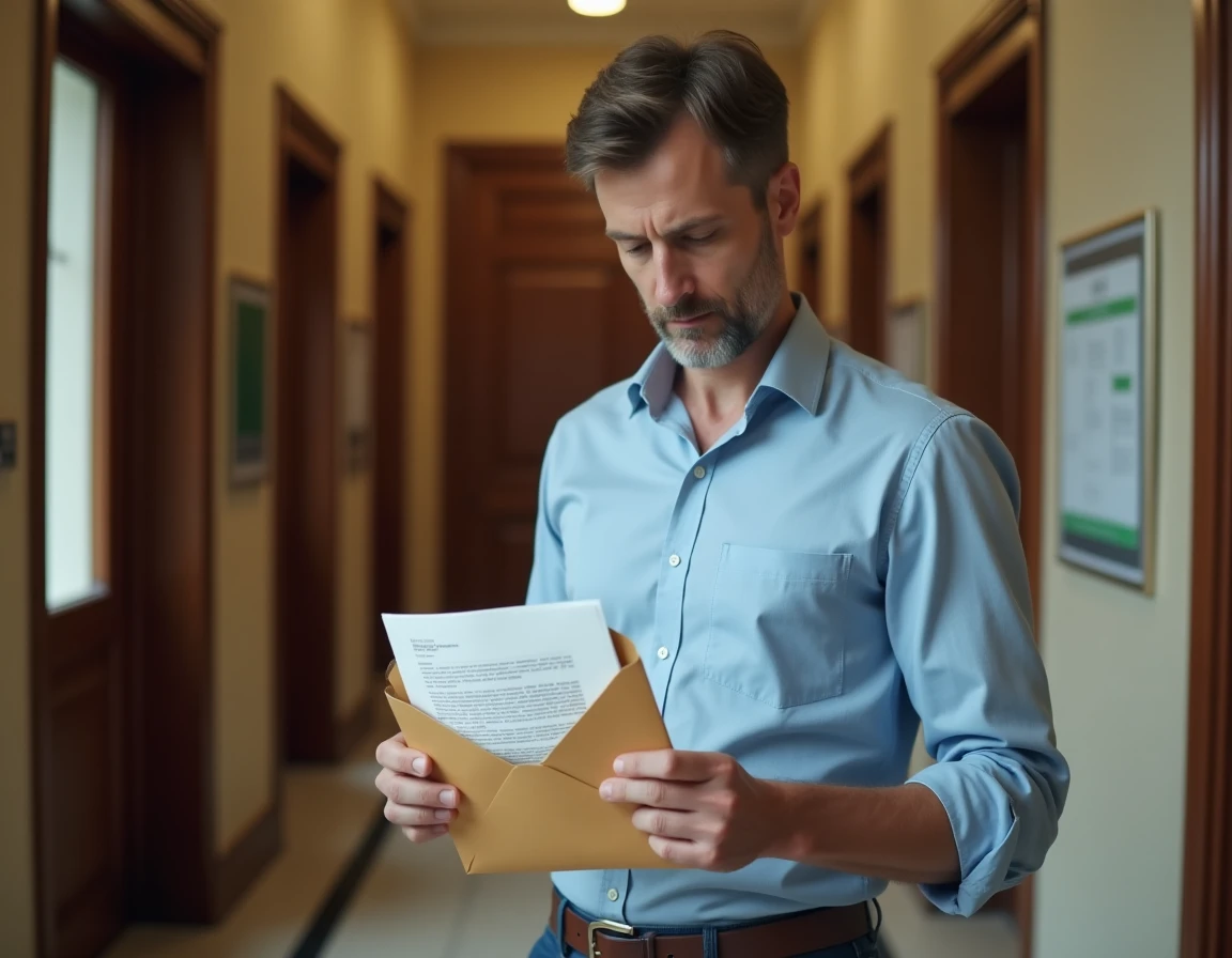 Propriétaire tenant des documents juridiques dans un couloir administratif prêt à engager un recours légal contre son agence immobilière pour retard de loyer