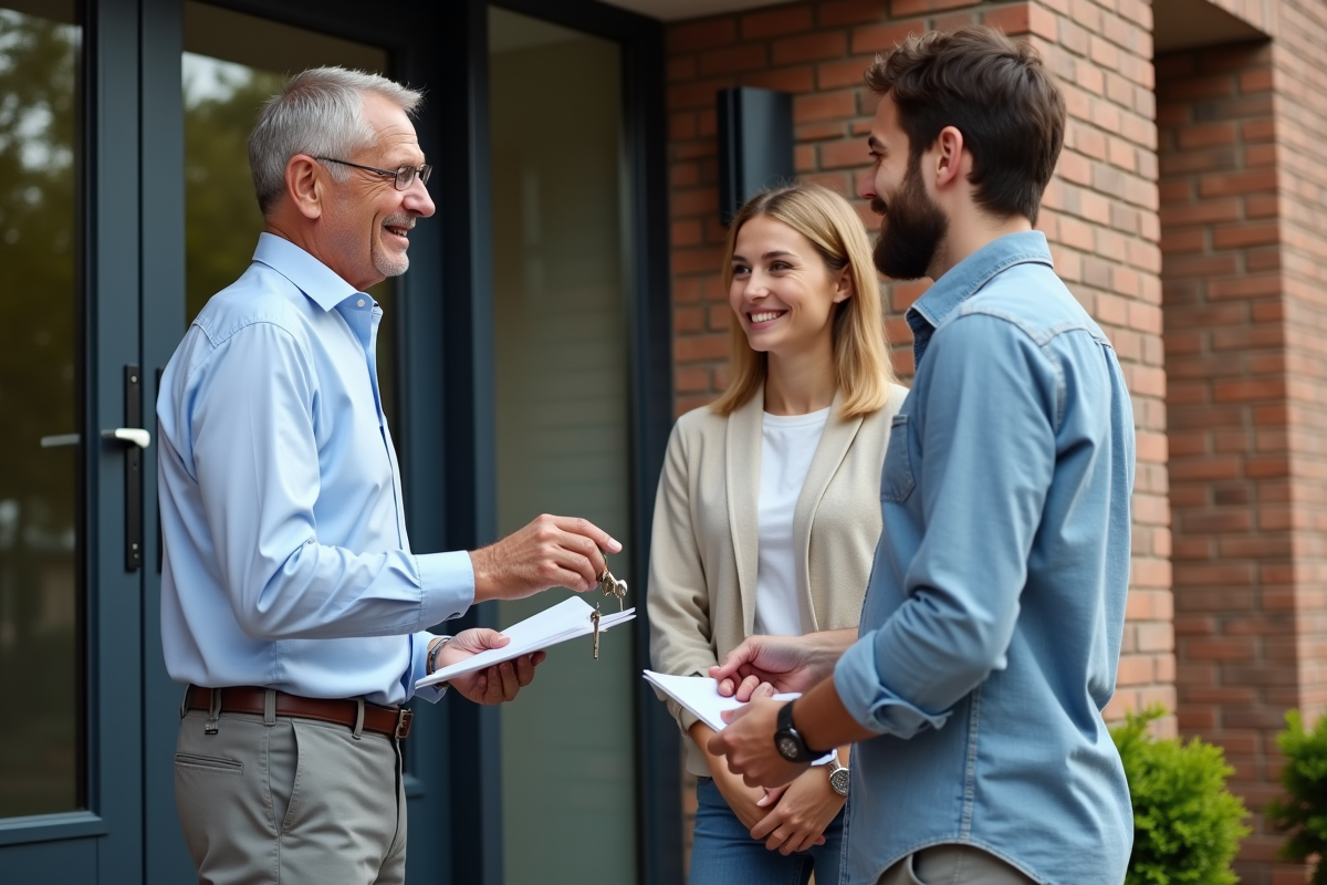 Homme remettant des clés à un jeune couple devant un immeuble