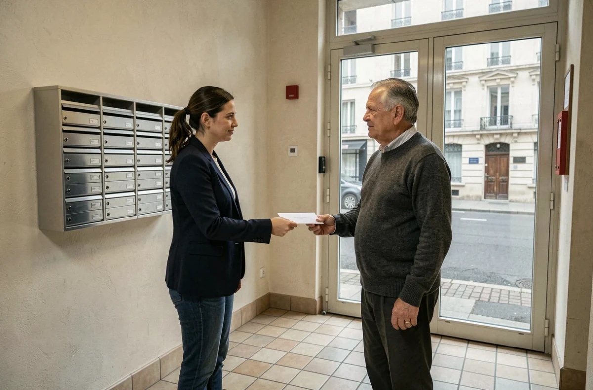 Locataire remettant une lettre de préavis en main propre au propriétaire dans le hall d'entrée d'un immeuble résidentiel français