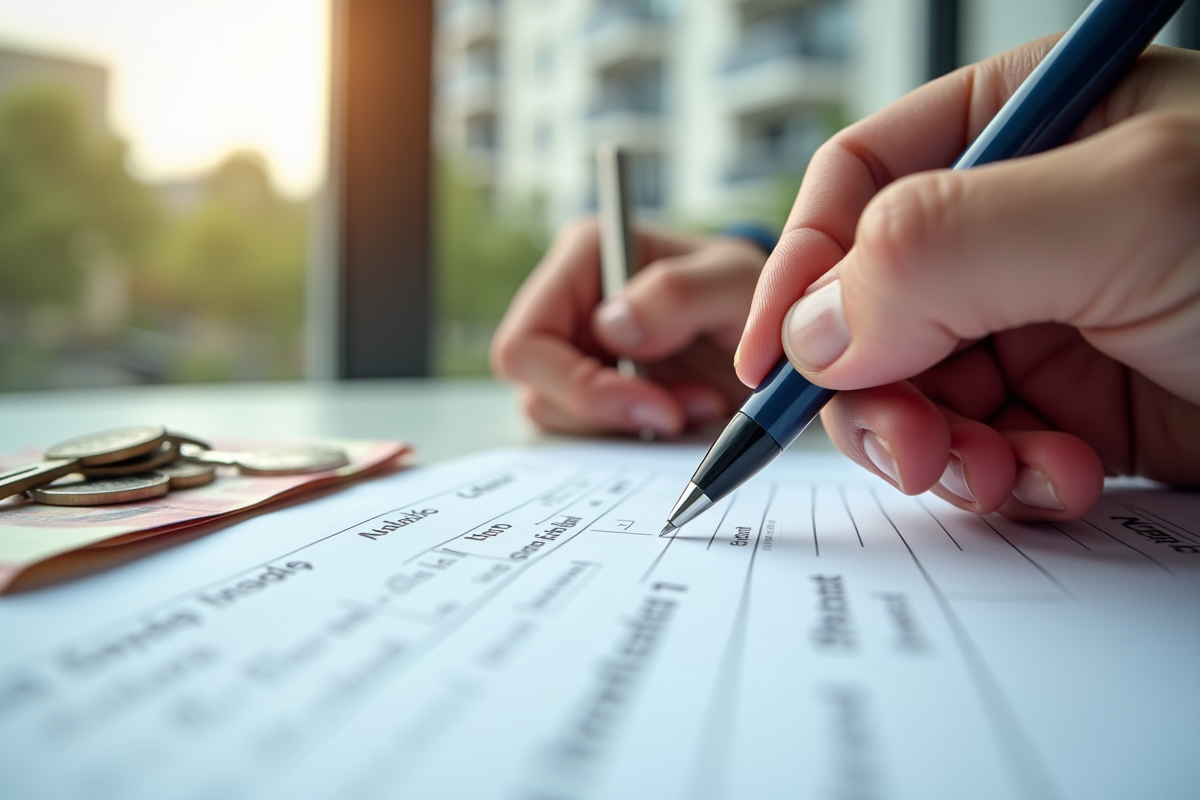Mains remplissant une declaration de revenus locatifs avec argent et clés