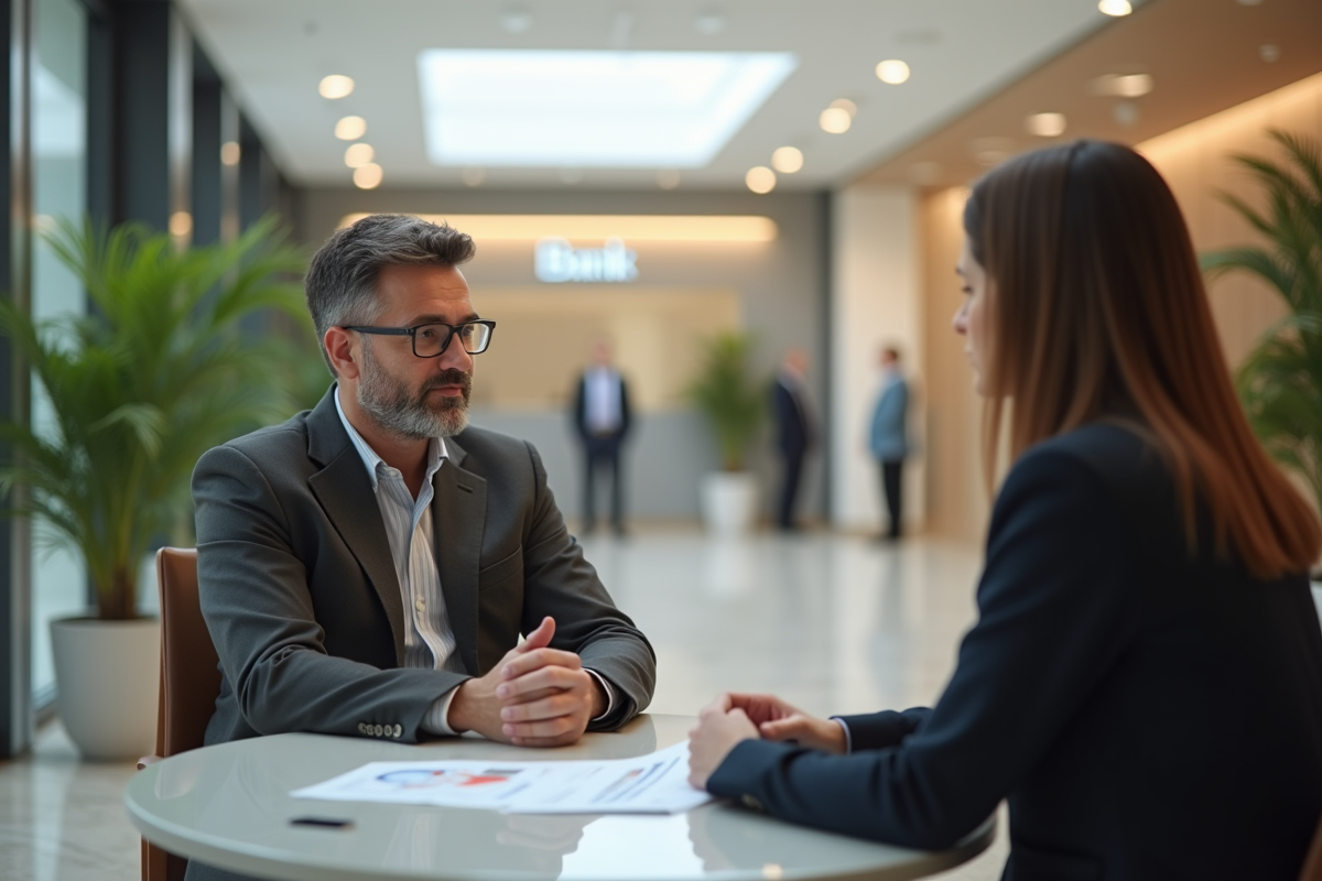 Jeune homme écoute un conseiller en assurance dans un lobby lumineux