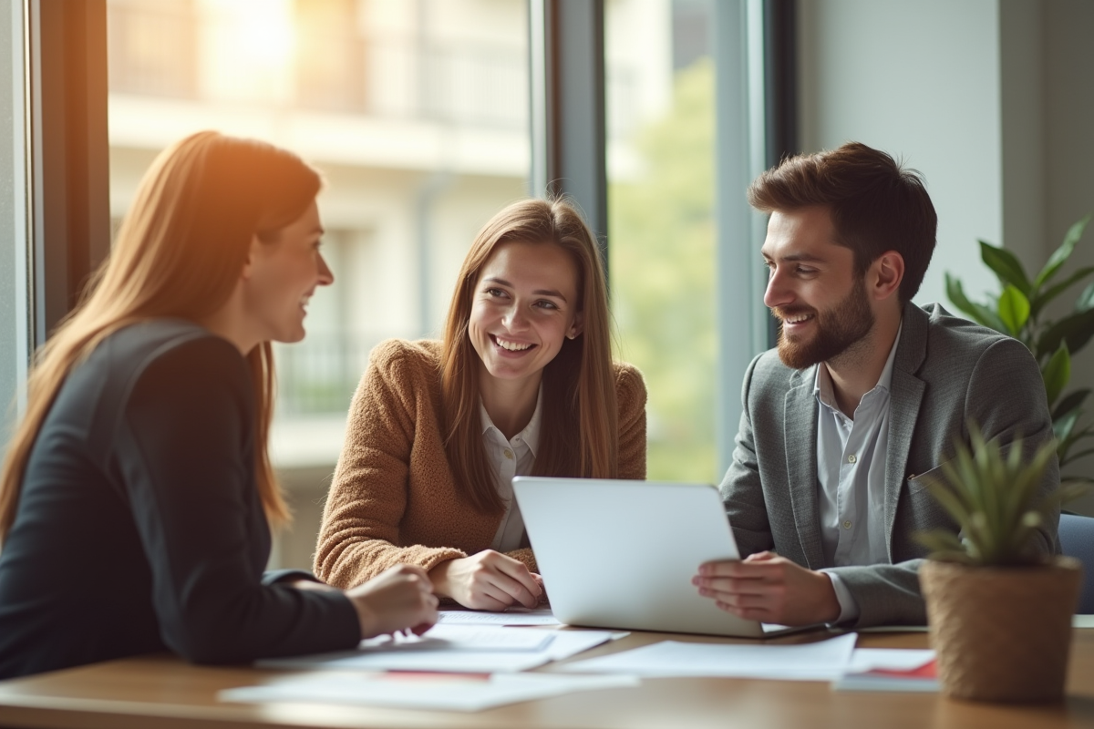 Jeune couple souriant rencontrant un conseiller bancaire dans un bureau lumineux