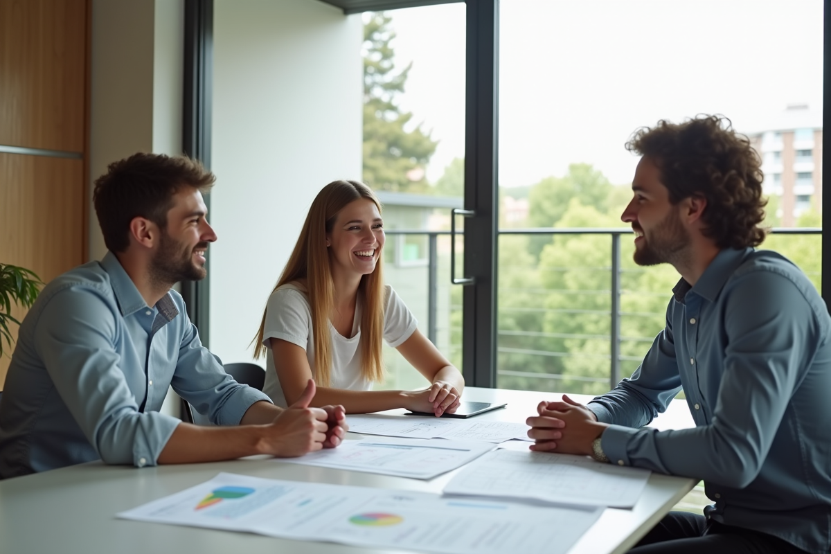 Jeunes couple rencontrant un conseiller financier dans un bureau lumineux