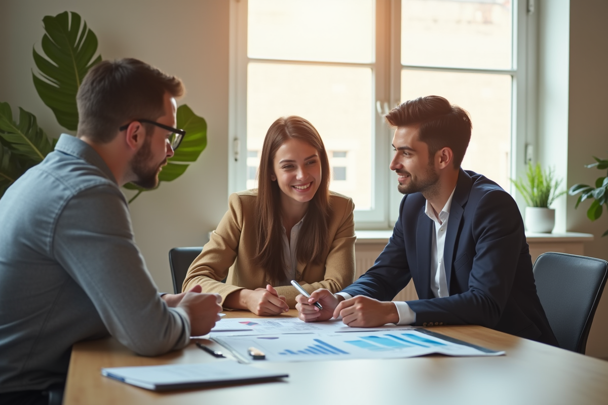 Jeune couple rencontrant un agent immobilier dans un bureau lumineux