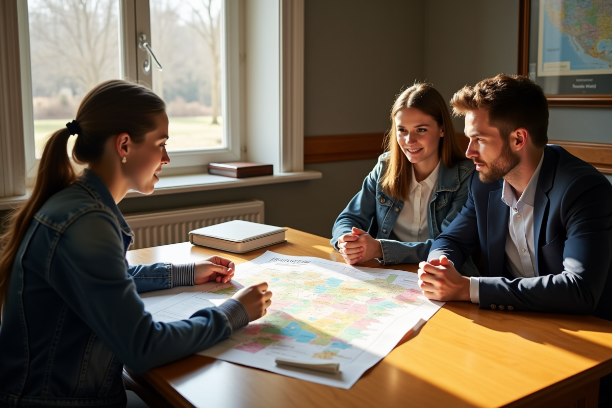Jeune couple discutant avec un officiel en mairie devant un plan