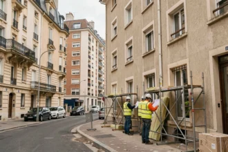 Équipe de rénovation énergétique inspectant la façade d'un immeuble résidentiel en Seine-Saint-Denis