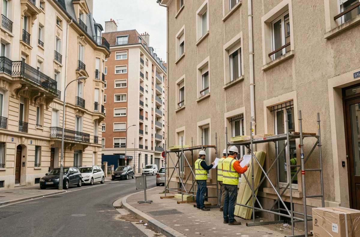 Équipe de rénovation énergétique inspectant la façade d'un immeuble résidentiel en Seine-Saint-Denis