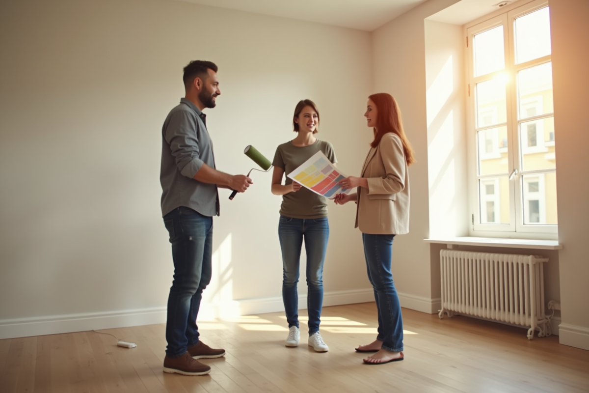 Propriétaire et locataire discutant dans un salon peint
