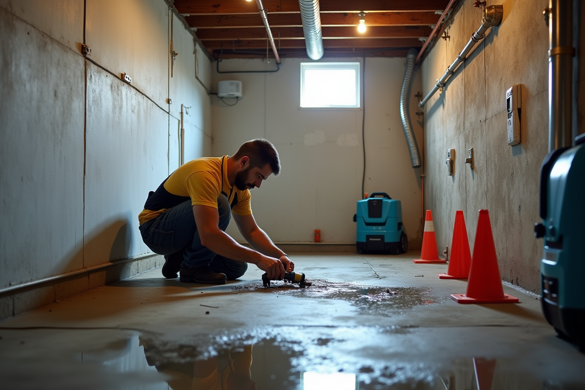 Technicien réparant une canalisation éclatée dans un sous-sol lumineux en Ohio