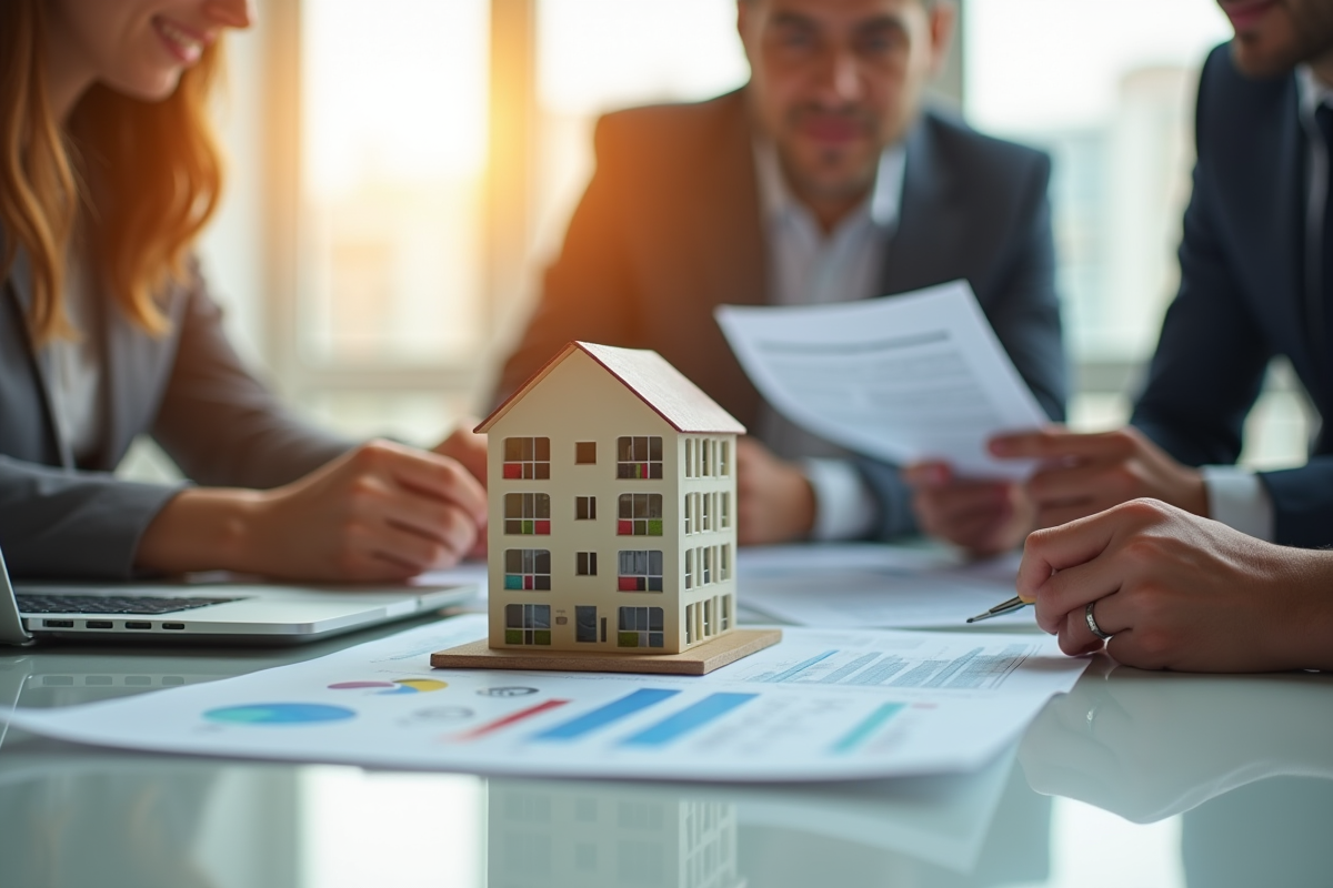 Réunion d'affaires dans un bureau moderne avec graphique et modèle immobilier