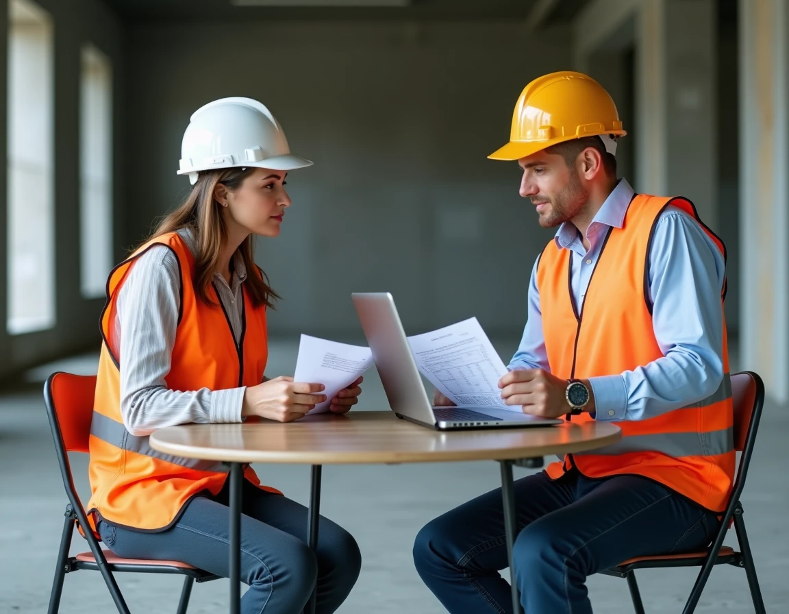 Responsable de chantier et chef d'entreprise analysant un devis budgétaire pour un bâtiment industriel en intérieur