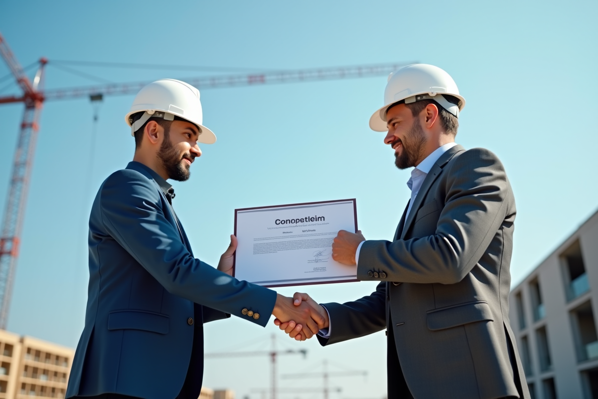 Architecte et entrepreneur se serrant la main avec un certificat de fin de chantier
