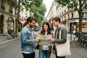 Groupe de jeunes adultes consultant une carte de quartier dans une rue commerçante de banlieue parisienne en petite couronne