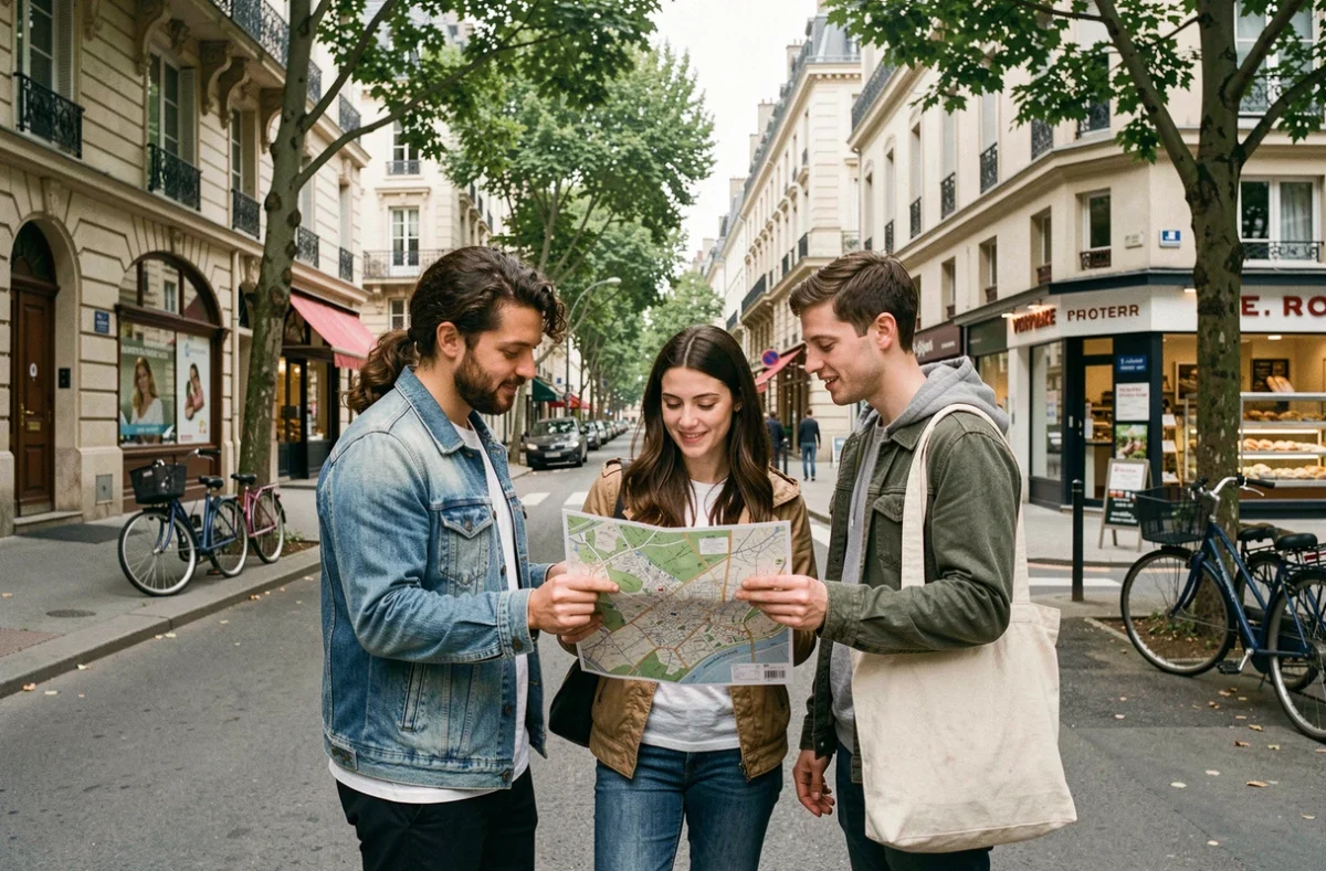 Groupe de jeunes adultes consultant une carte de quartier dans une rue commerçante de banlieue parisienne en petite couronne