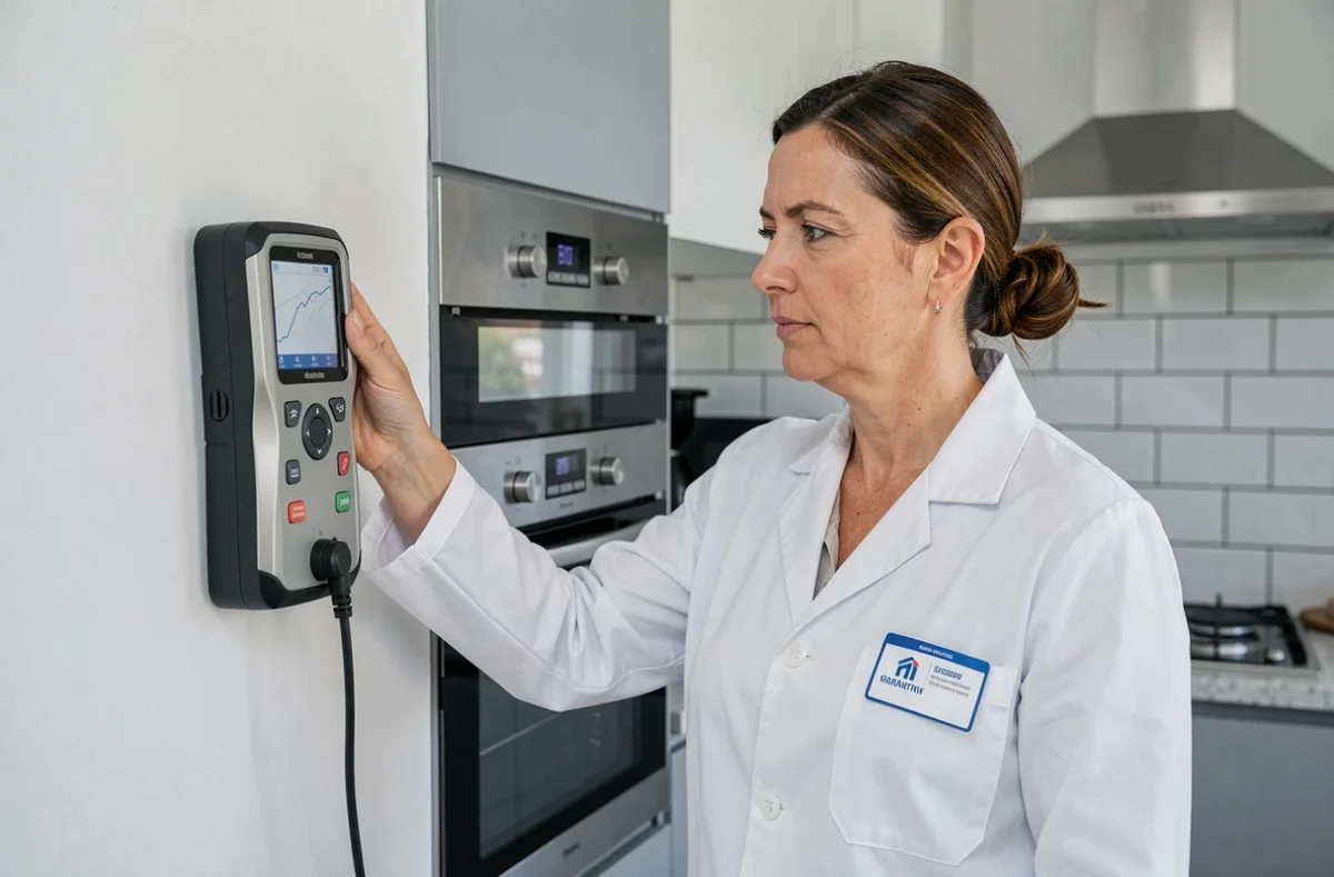 Spécialiste de Sadexi utilisant un détecteur de gaz professionnel dans la cuisine d'un appartement moderne des Alpes-Maritimes
