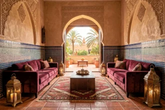 Salon de luxe dans un appartement à Marrakech avec décoration marocaine traditionnelle, zellige et terrasse privée avec palmiers