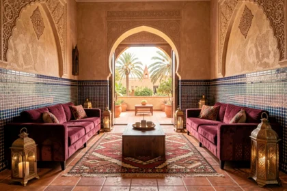 Salon de luxe dans un appartement à Marrakech avec décoration marocaine traditionnelle, zellige et terrasse privée avec palmiers