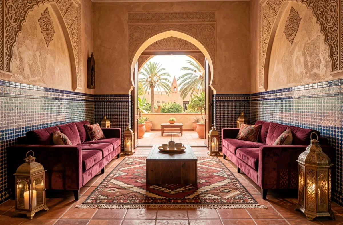 Salon de luxe dans un appartement à Marrakech avec décoration marocaine traditionnelle, zellige et terrasse privée avec palmiers