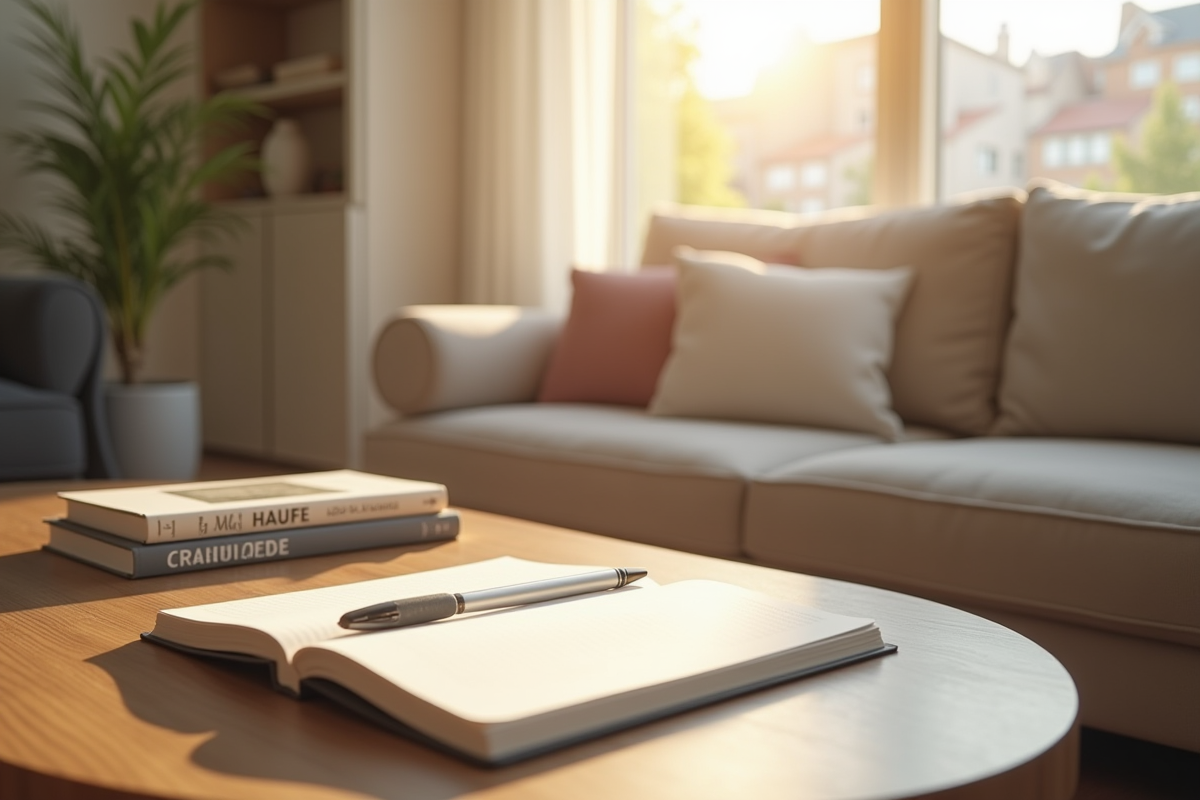 Salon moderne lumineux avec livres et carnet
