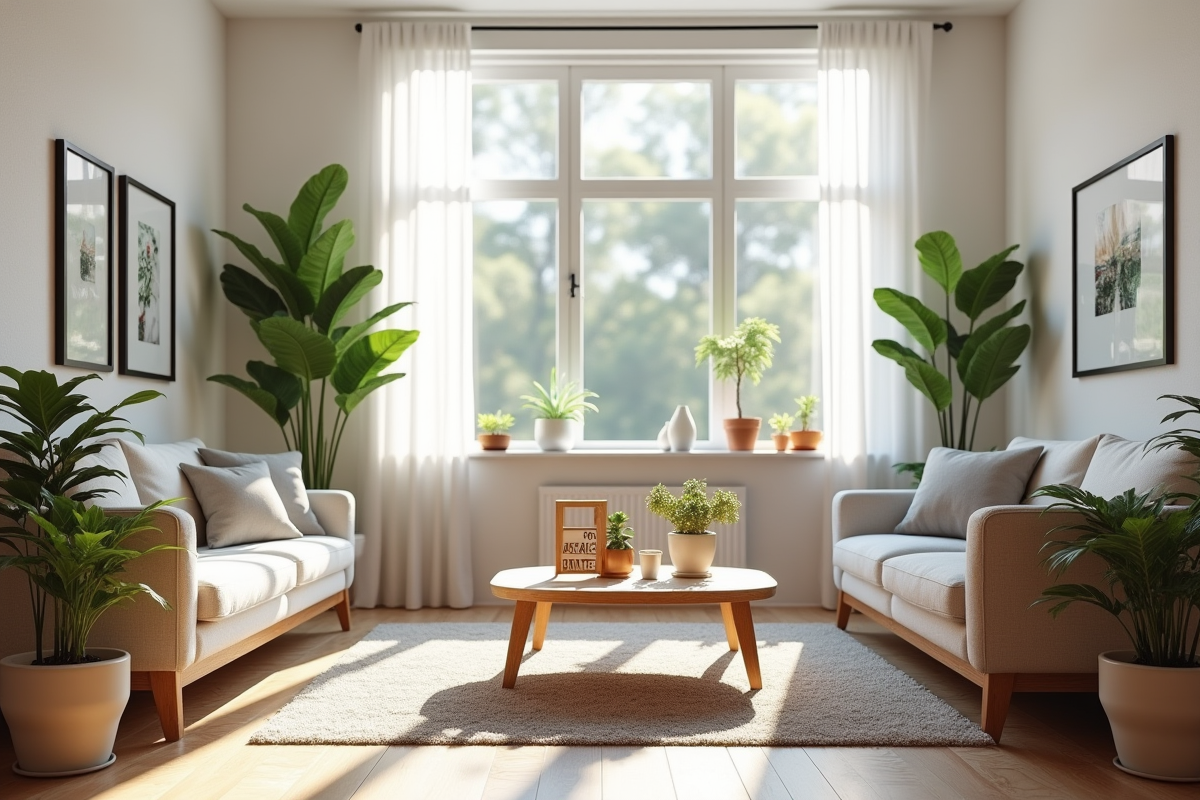 Salon lumineux moderne avec plantes et panneau a louer