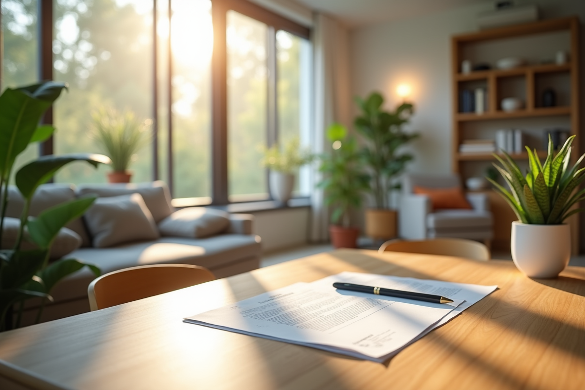 Salon lumineux avec plantes et documents pour une maison sans impots